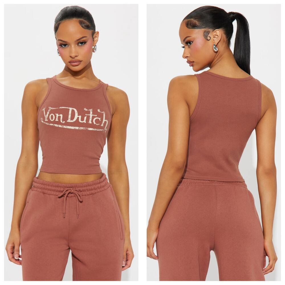 Von Dutch Vintage Tank Top Size Large Brown Maeve Ribbed Y2K